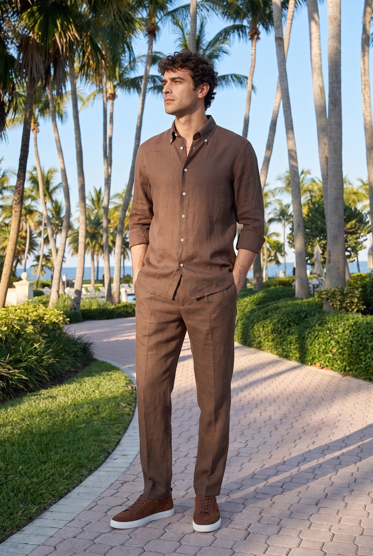 Look #872 styled with Donkerbruin linnen herenoverhemd met lange mouwen en knoopsluiting, zomermodel.