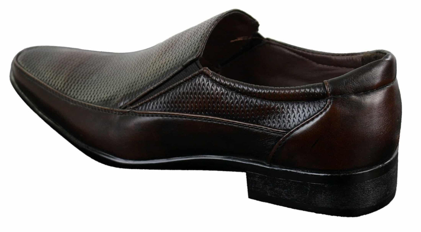Mens Brown Black Formal Smart Slip On Shoes Textured PU Leather Italian Design