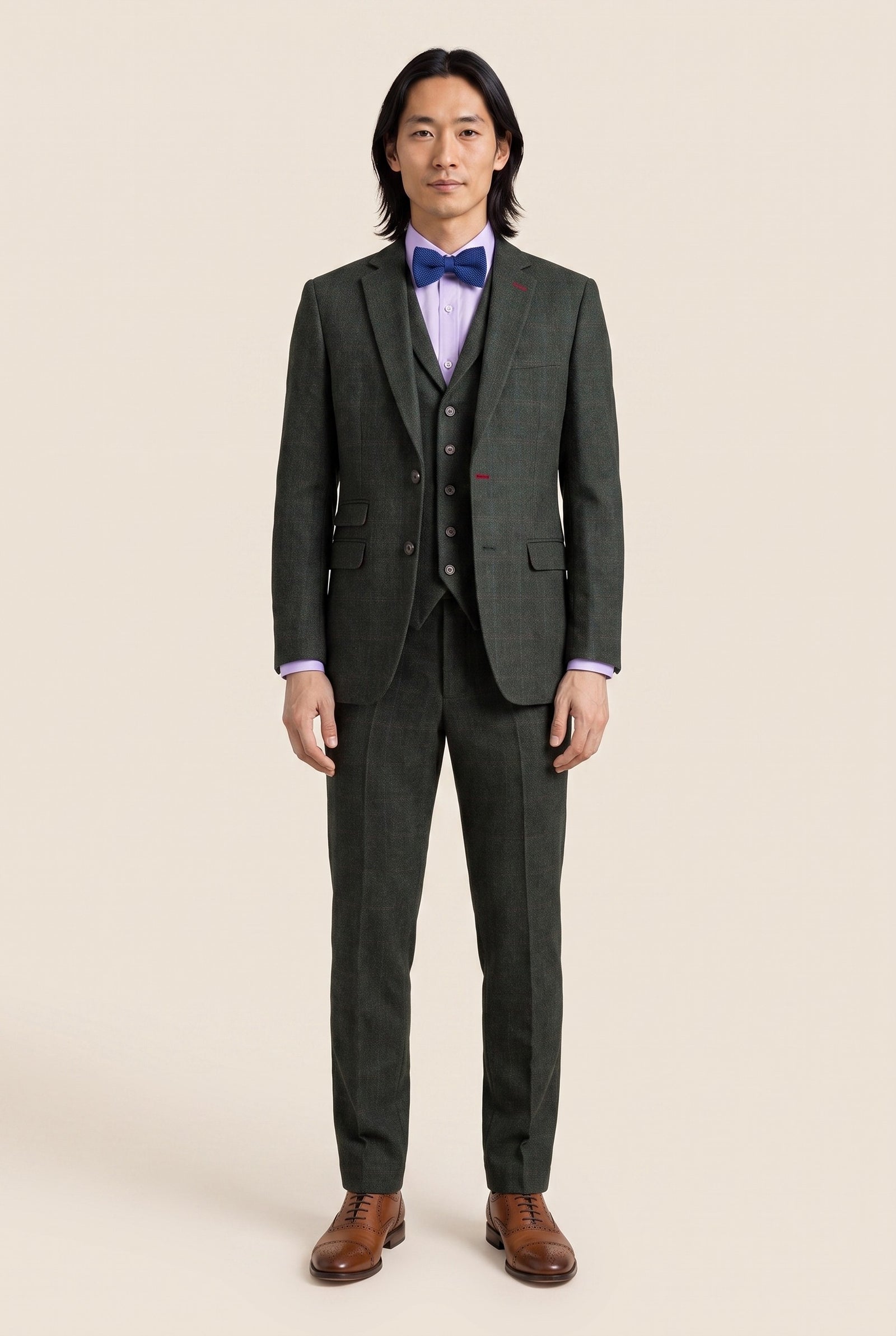 Look #1003 styled with Joshua Heren 3-delig Groen Tweed Slim Fit Pak