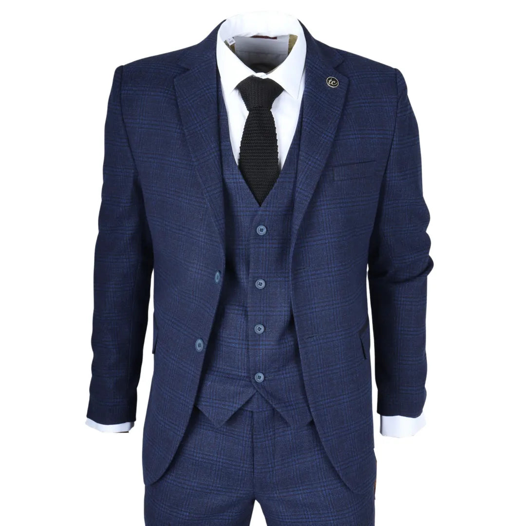 IM10 - Men's 3 Piece Navy Blue Check Suit