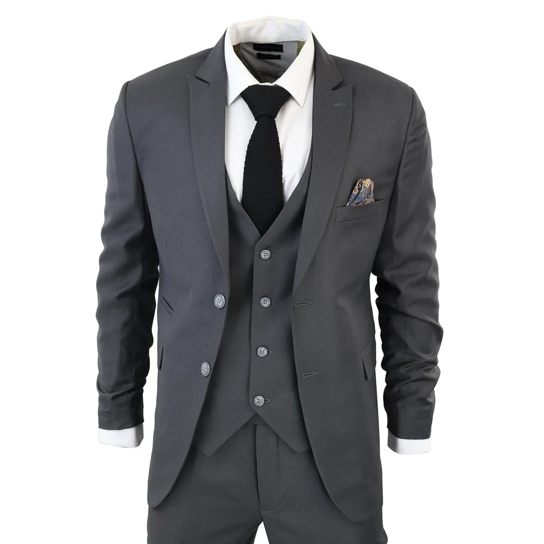 IM1 Men's Classic Charcoal Plain Tailored Fit 3-Piece Suit