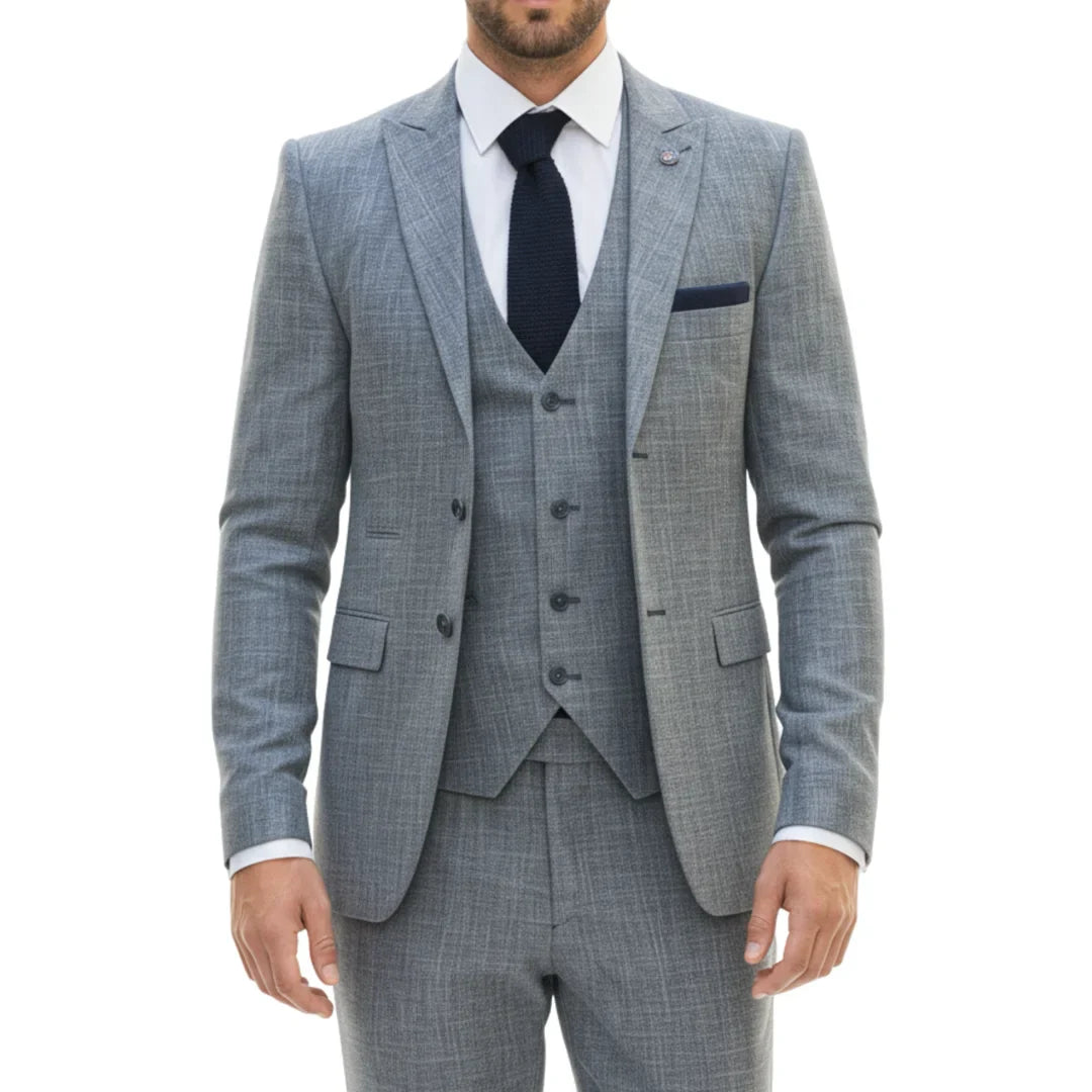 Gray checkered suit with a tie on a white background