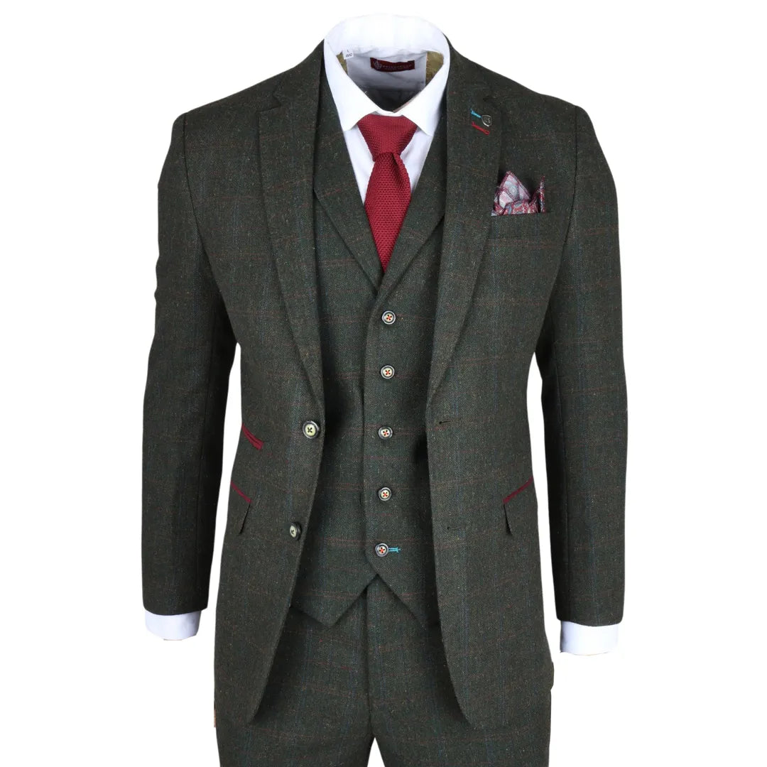 Joshua Men's 3-Piece Green Tweed Slim Fit Suit