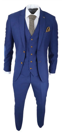 Mens Royal Blue 3 piece Suit Brown Trim Classic Birdseye Vintage Wedding Grooms