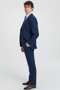 Heren marineblauw 3-delig pak met bruine afwerking, klassiek vogeloog, vintage, bruiloft, bruidegom