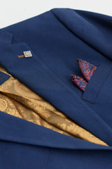 Heren marineblauw 3-delig pak met bruine afwerking, klassiek vogeloog, vintage, bruiloft, bruidegom