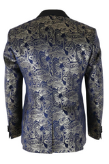 STZ63 - Heren fluwelen paisley bloemenprint blauw-gouden smokingblazer