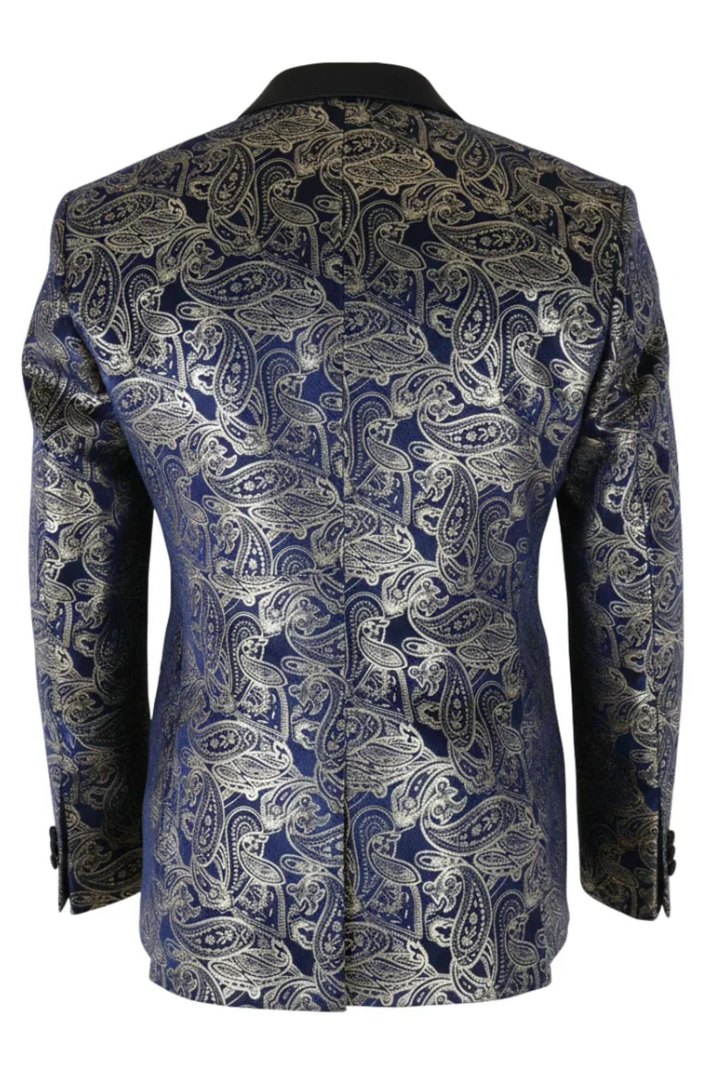 STZ63 - Heren fluwelen paisley bloemenprint blauw-gouden smokingblazer
