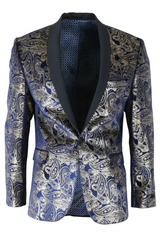 STZ63 - Heren fluwelen paisley bloemenprint blauw-gouden smokingblazer