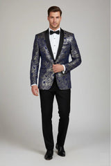 STZ63 - Heren fluwelen paisley bloemenprint blauw-gouden smokingblazer