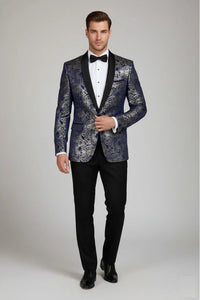 STZ63 - Heren fluwelen paisley bloemenprint blauw-gouden smokingblazer