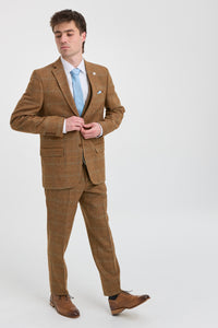 Heren 3-delig pak wollen tweed visgraat bruin blauw ruit jaren 20 Gatsby