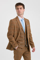 Heren 3-delig pak wollen tweed visgraat bruin blauw ruit jaren 20 Gatsby