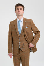 Heren 3-delig pak wollen tweed visgraat bruin blauw ruit jaren 20 Gatsby