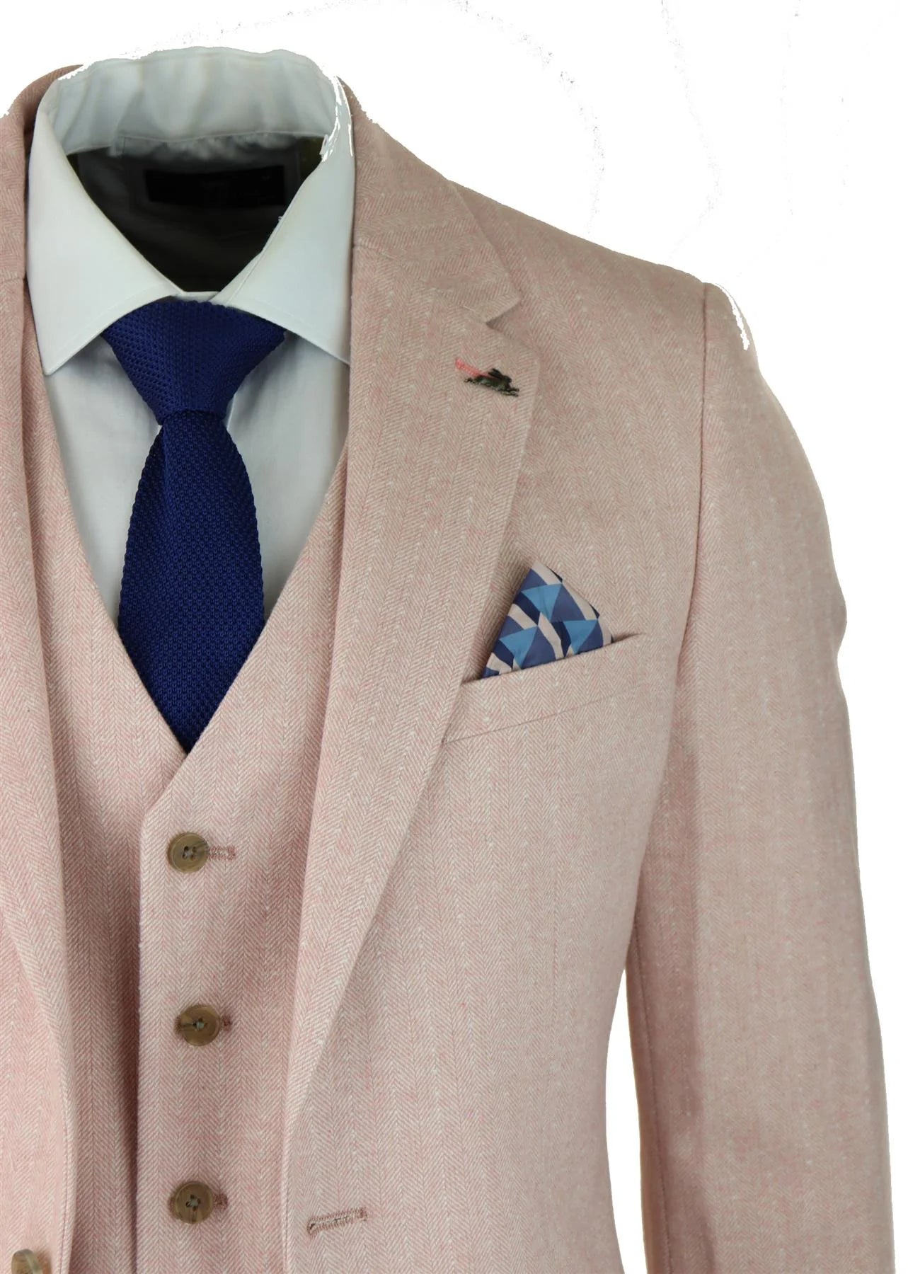 Mens Herringbone Tweed 3 Piece Suit Pink Blush Retro Vintage Short Reg Long