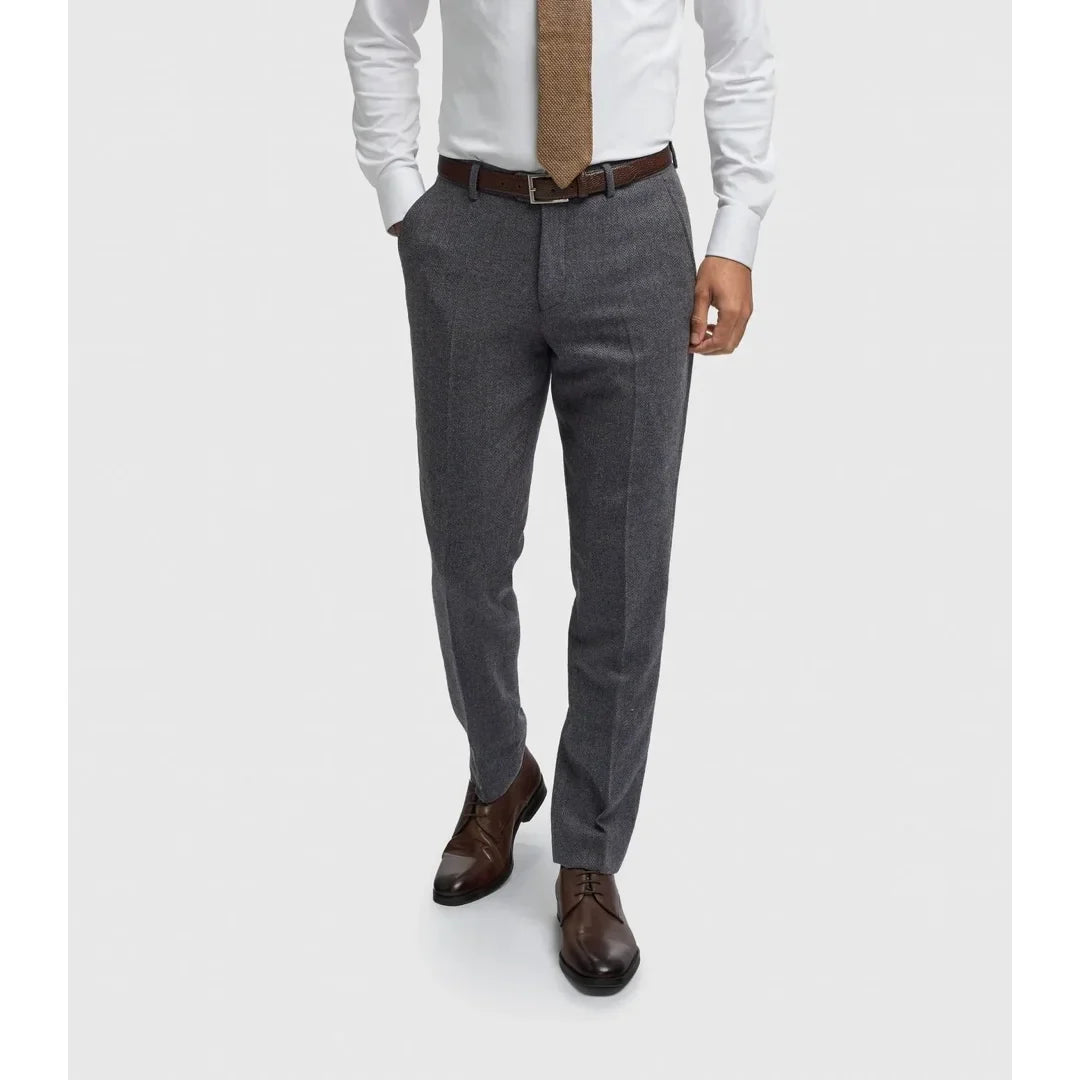 Thomas - Heren Marineblauwe wolmix visgraat tweed broek