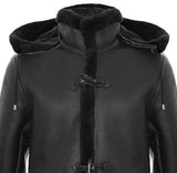 Men's Shearling Sheepskin Duffle Coat WW2 UK Winter 3/4 Leather Hood