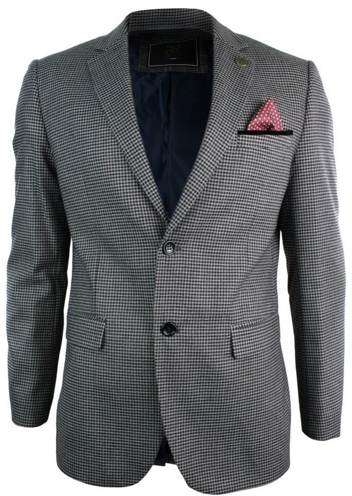 Mens Tweed Vintage Retro Brown Checked Blazer Elbow Patch Black Trim Tailored