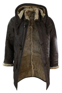 Mens Winter Real Sheepskin Leather Duffle Safari Jacket Brown & Cream Hood Vintage-B3 Brown Ginger