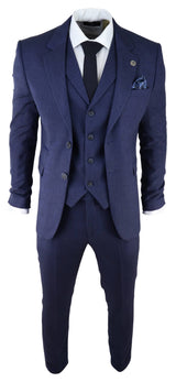 Men's Navy-Blue Herringbone Tweed 3 Piece Suit