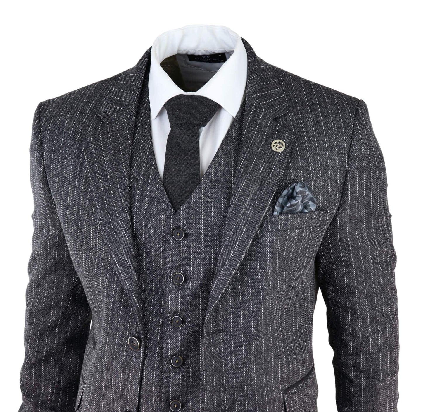 Men's Grey Pinstripe Herringbone Tweed 3 Piece Suit