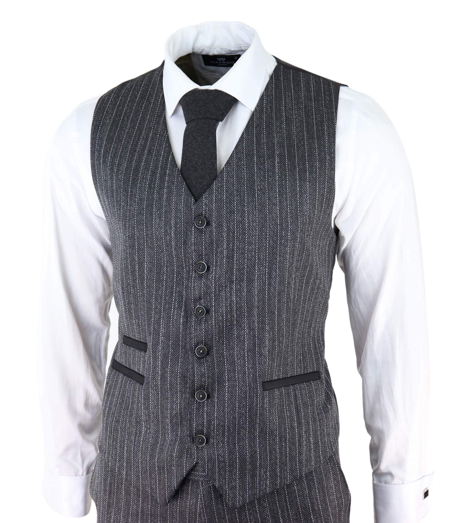 Men's Grey Pinstripe Herringbone Tweed 3 Piece Suit