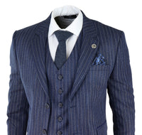 Men's Blue Pinstripe Herringbone Tweed 3 Piece Suit