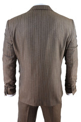 Men's Oak Brown Pinstripe Herringbone Tweed 3 Piece Suit