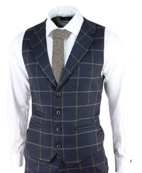 Men's Navy-Blue Windowpane Check 3 Piece Suit
