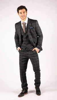 Men's Navy-Blue Windowpane Check 3 Piece Suit