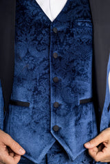 AK-27 Men's Blue 3-Piece Velvet Wedding Tuxedo with Black Satin Lapels