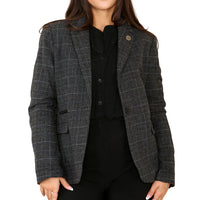 Dames Tweed Geruit Blazer Grijs Pak