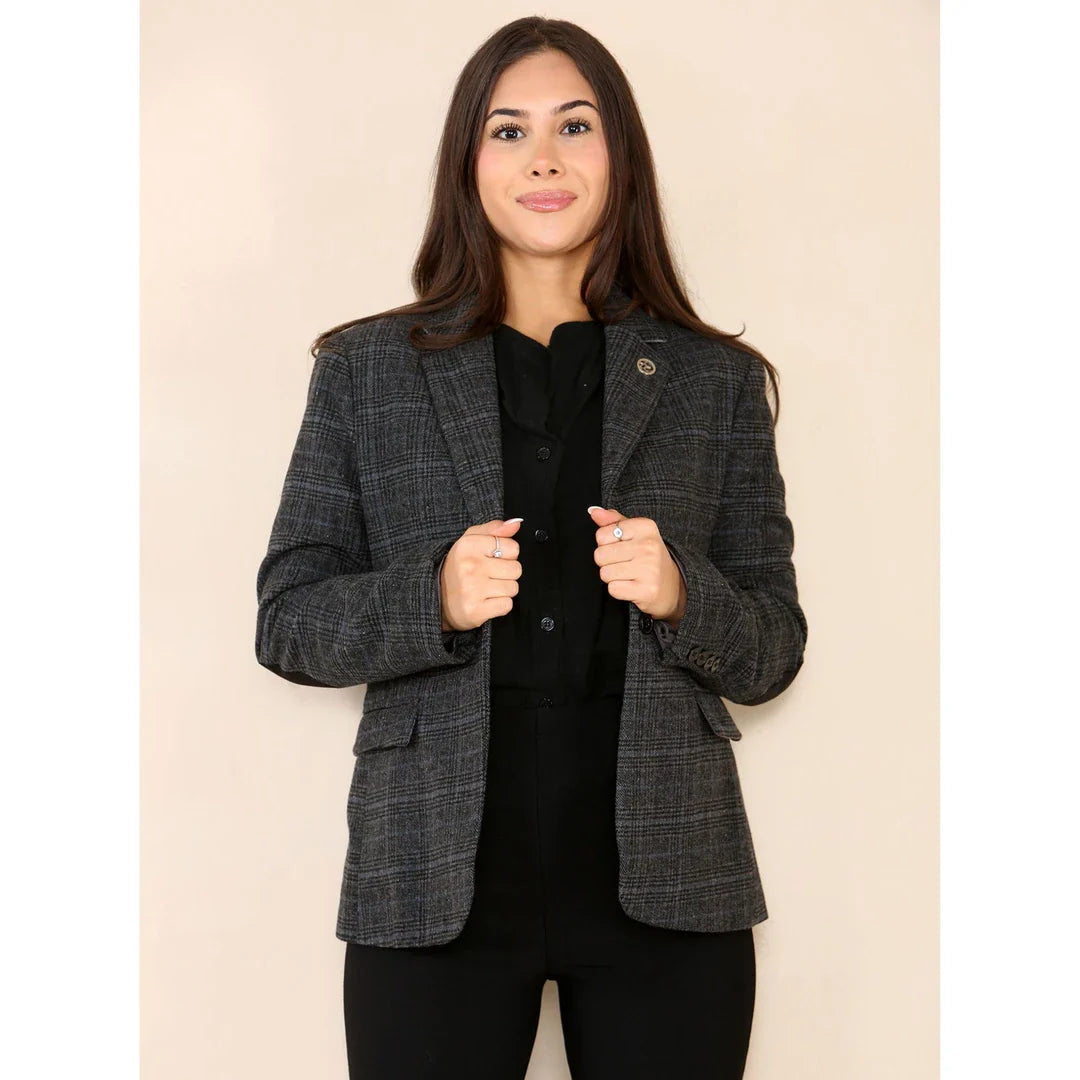 Dames Tweed Geruit Blazer Grijs Pak