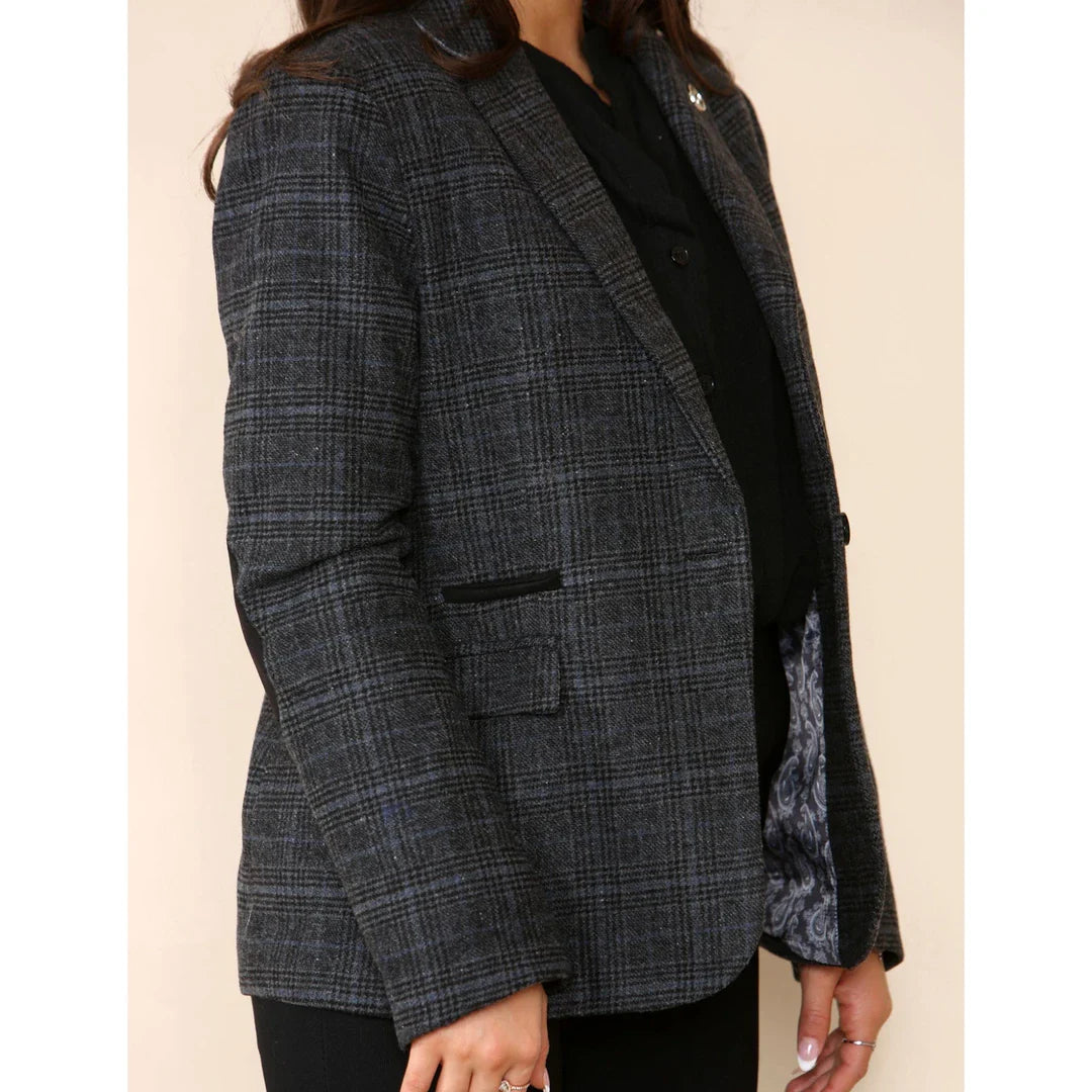 Dames Tweed Geruit Blazer Grijs Pak