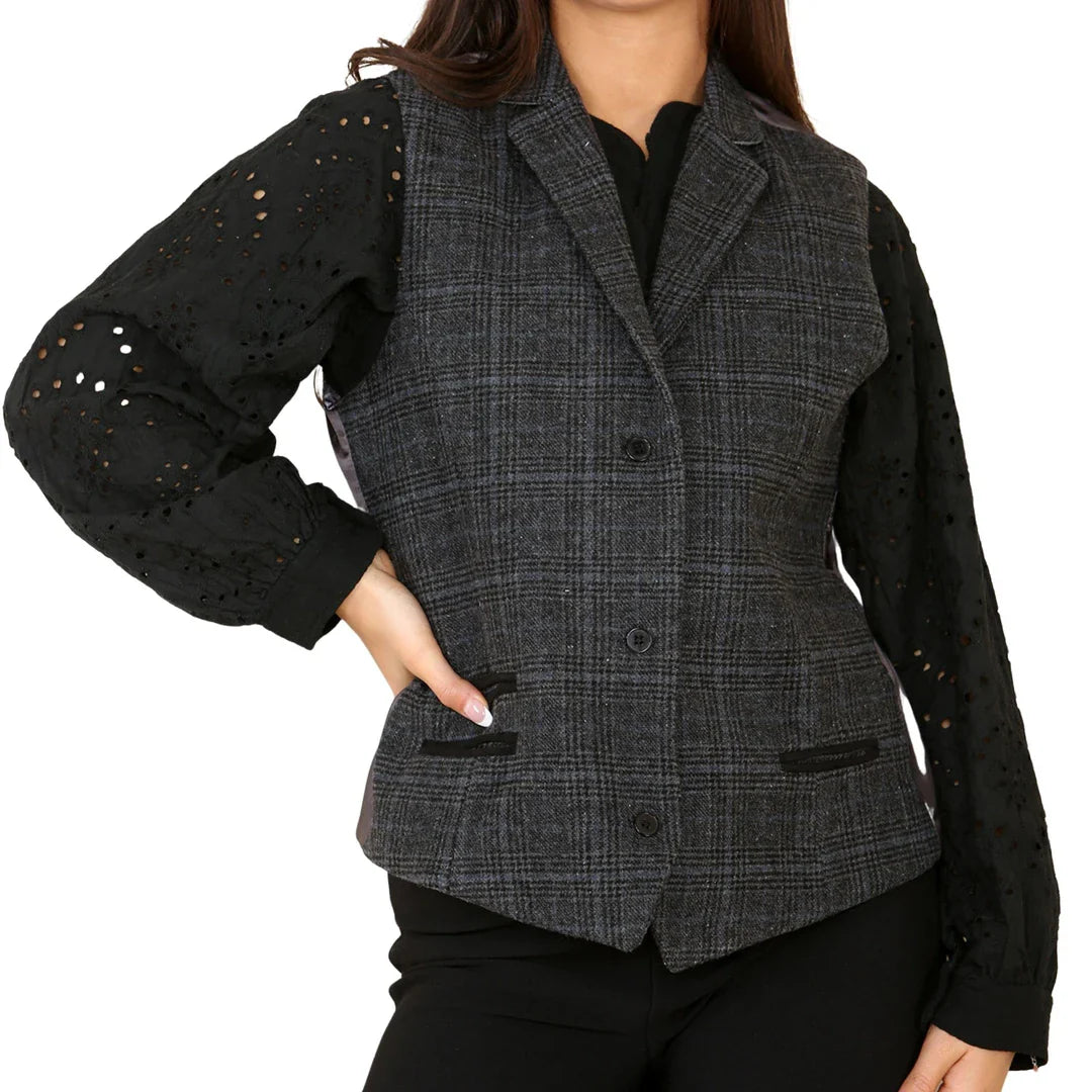 Dames Tweed Geruit Vest Grijs