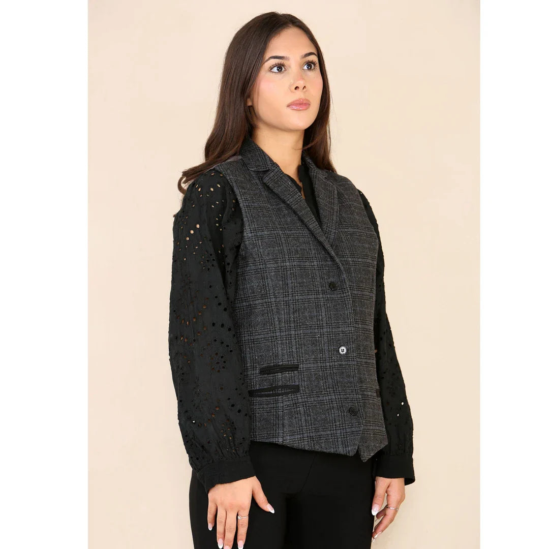 Dames Tweed Geruit Vest Grijs