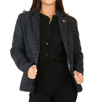 Dames Tweed Geruit Blazer Blauw Pak