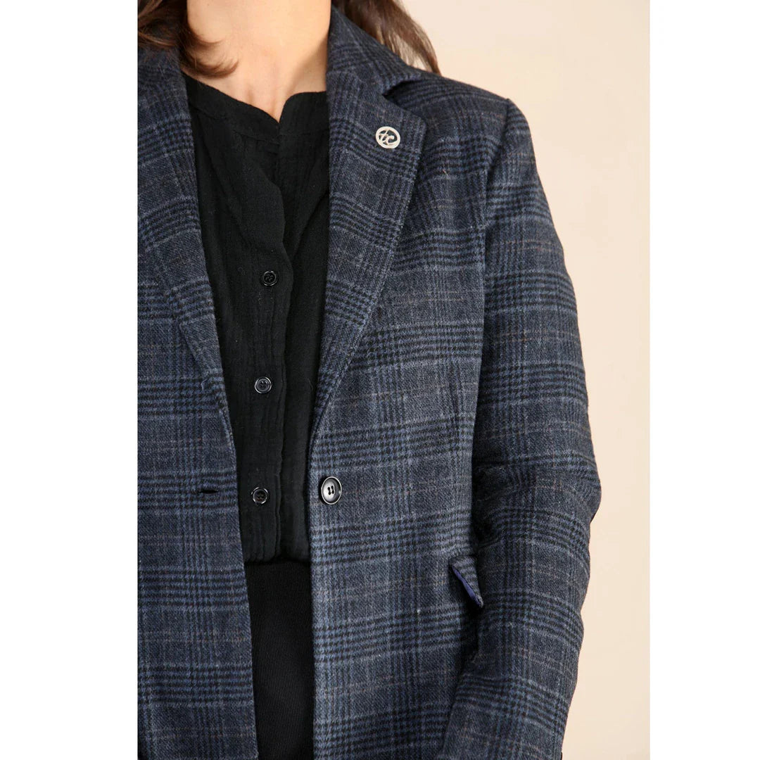 Dames Tweed Geruit Blazer Blauw Pak