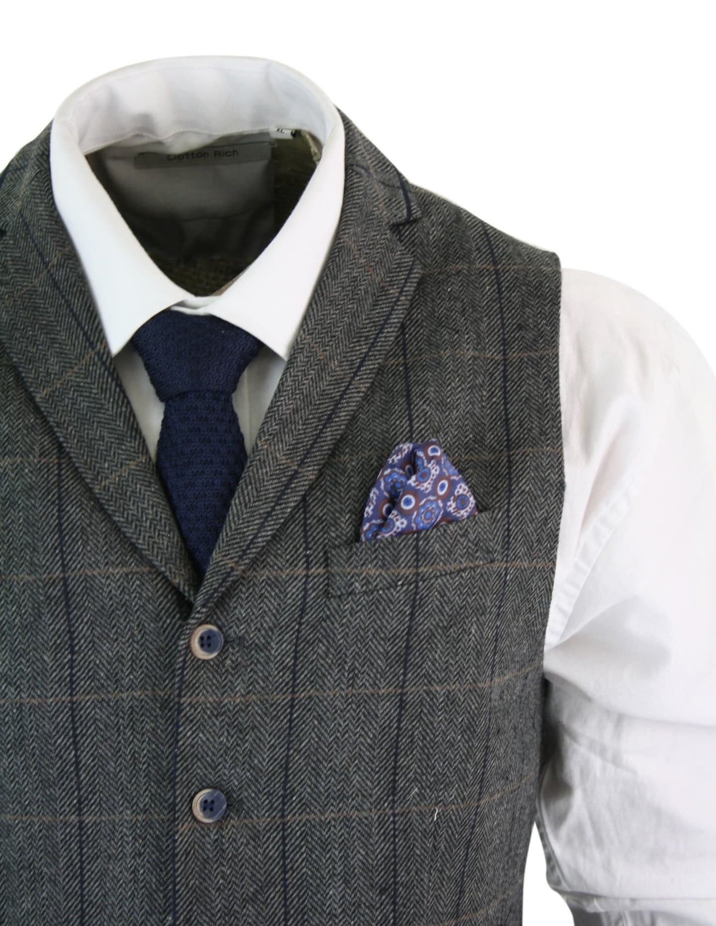 Cavani Albert - Mens Classic Tweed Herringbone Check Brown Grey Slim Fit Vintage Waistcoat Gilet-Charcoal