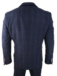 Mens Navy Check 3 Piece Suit Wool Tweed Classic 1920s Vintage Tailored Fit Wedding