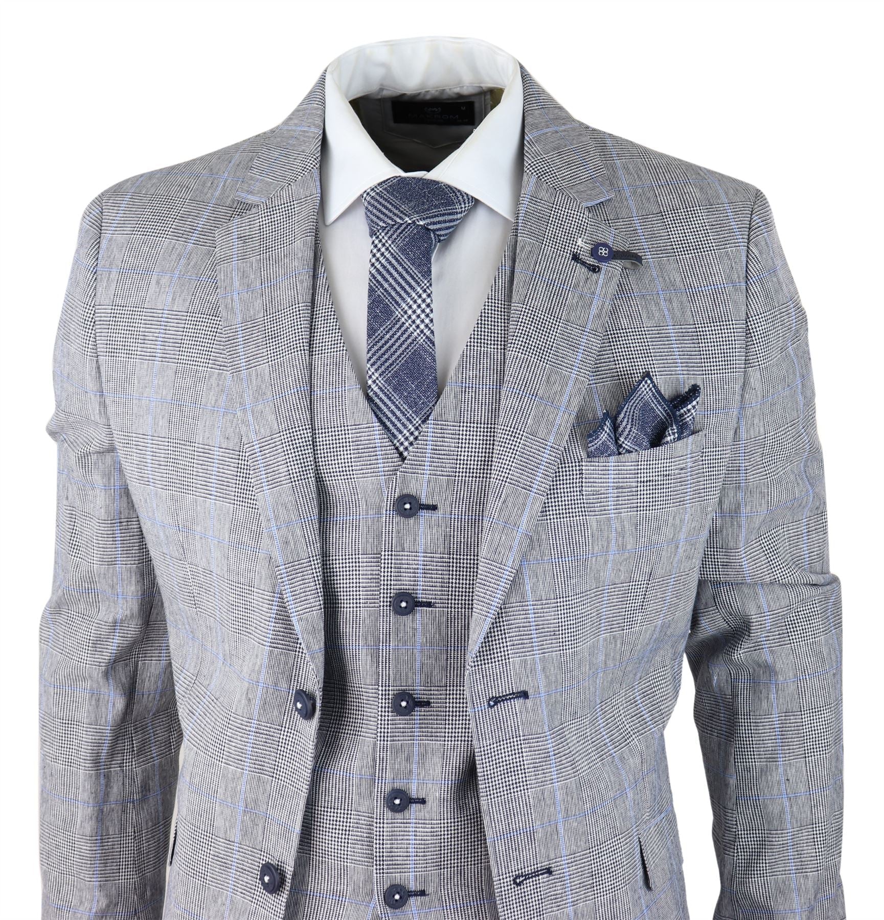Mens 3 Piece Summer Suit Grey Check Blue Black Tailored Fit Classic Wedding Formal