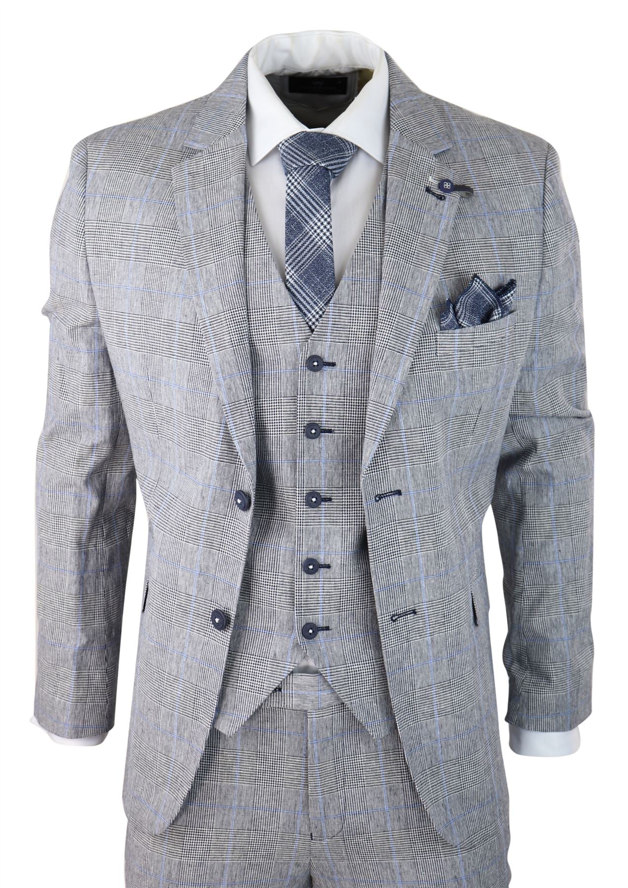 Mens 3 Piece Summer Suit Grey Check Blue Black Tailored Fit Classic Wedding Formal