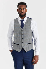 Arthur Navy pak met contrasterend Harris Grey tweed vest.