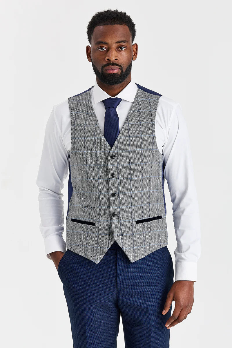Arthur Navy pak met contrasterend Harris Grey tweed vest.