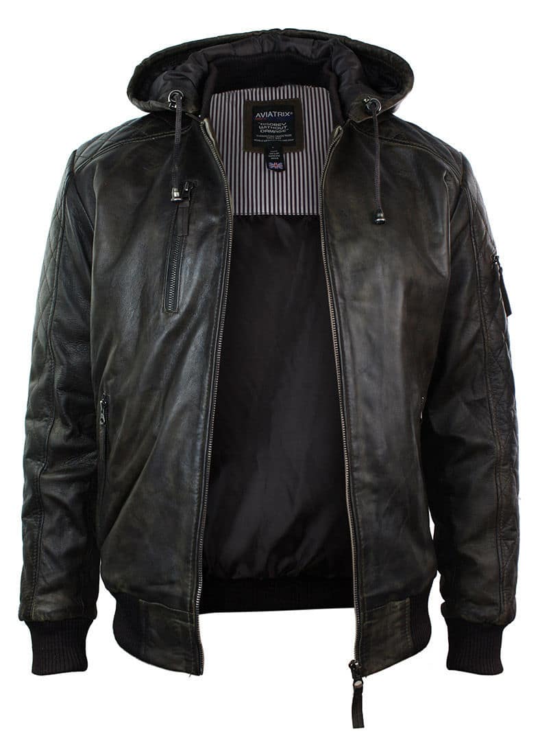 Mens Brown Washed Distressed Removable Hood Bomber Leather Jacket Quilted