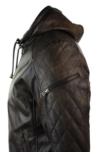 Mens Brown Washed Distressed Removable Hood Bomber Leather Jacket Quilted