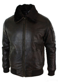 Mens Puffer Quilted Real Leather Pilot Fur Collar Bomber Jacket Black Vintage Brown-Brown