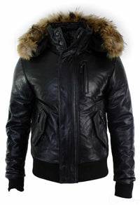 Mens Real Fur Hood Bomber Leather Jacket Black Puffer Padded-Black