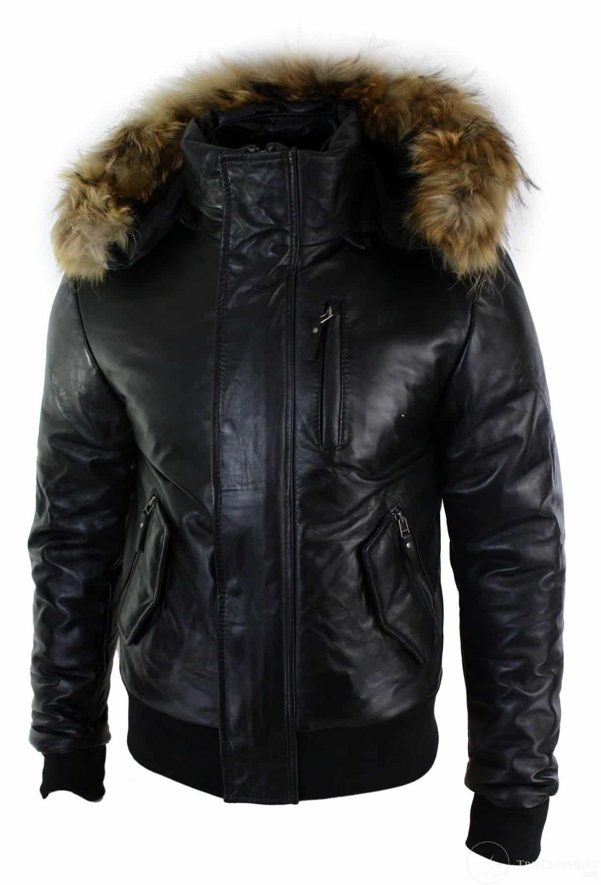 Mens Real Fur Hood Bomber Leather Jacket Black Puffer Padded-Black