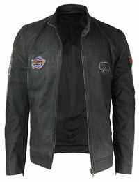 Real Leather Vintage Brown Racer Badge Mens Biker Jacket Washed Distressed Slim Fit